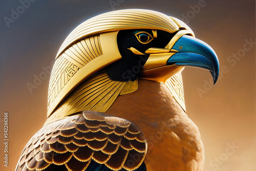 illustration closeup of egyptian bird god horus falcon headed blue beak and golden head armor photo