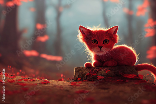 Un piccolo gatto rosso in una foresta in autunno photo