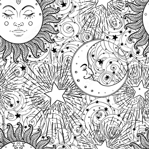 Sun and moon vector seamless pattern with stars. Vintage style. Wallpaper, wr...