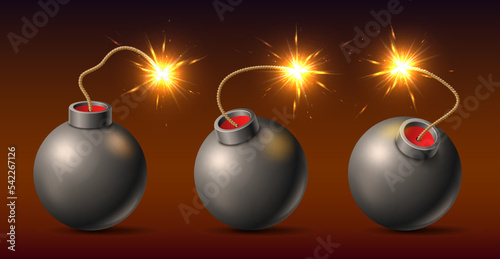 Bombs with burning fuse. Realistic retro round black bomb with burning fuse, 3d isolated explosives, various positions, military element, mass defeat weapon, utter vector set