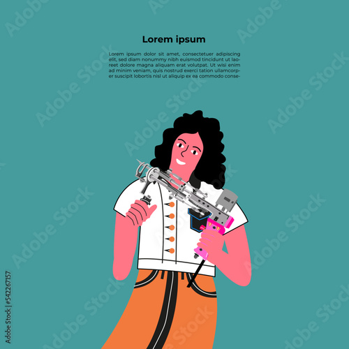 Game flat vector banner template. Competition, contest announcing poster design idea cartoon character. Illustration of hand drawn lettering about tufting.Unique vector design elements boy with tuftin