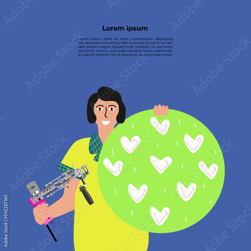 Game flat vector banner template. Competition, contest announcing poster design idea cartoon character. Illustration of hand drawn lettering about tufting.Unique vector design elements boy with tuftin