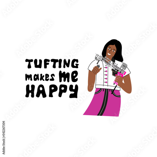 Illustration and lettering of hand drawn about tufting.Unique vector design elements girl with tufting gun and rug.