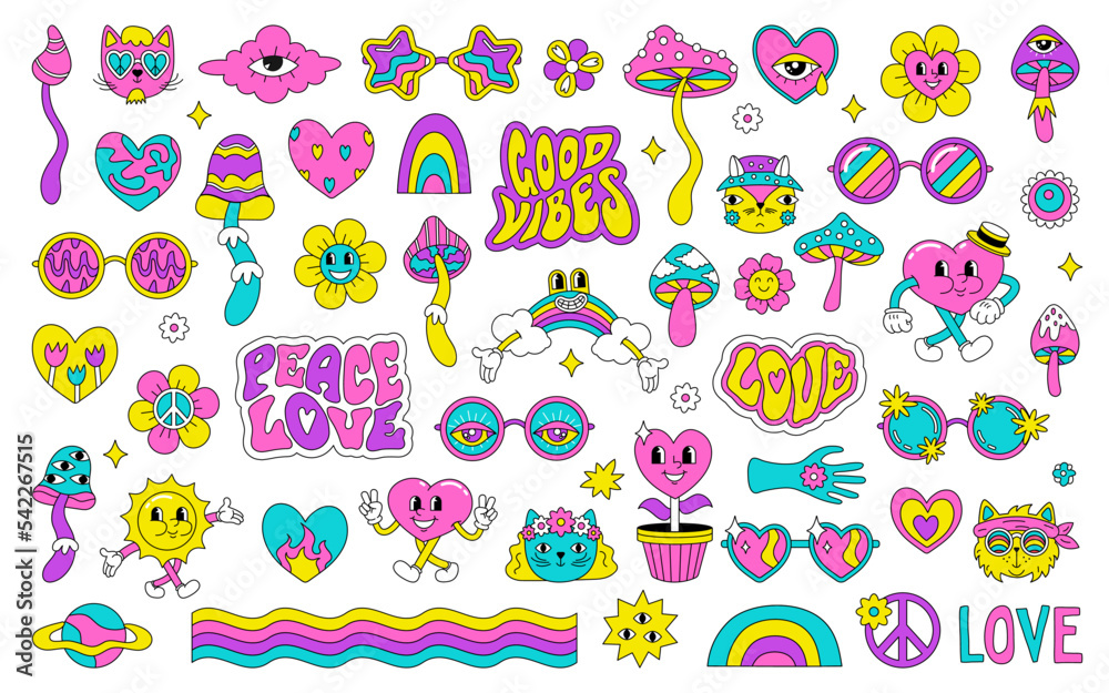 A set of bright children's stickers in the hippie style of the 60s, 70s. Psychedelic acid drawings. Girl patches A set of bright children's stickers in the hippie style of the 60s, 70s. Psychedelic acid drawings. Girl patches