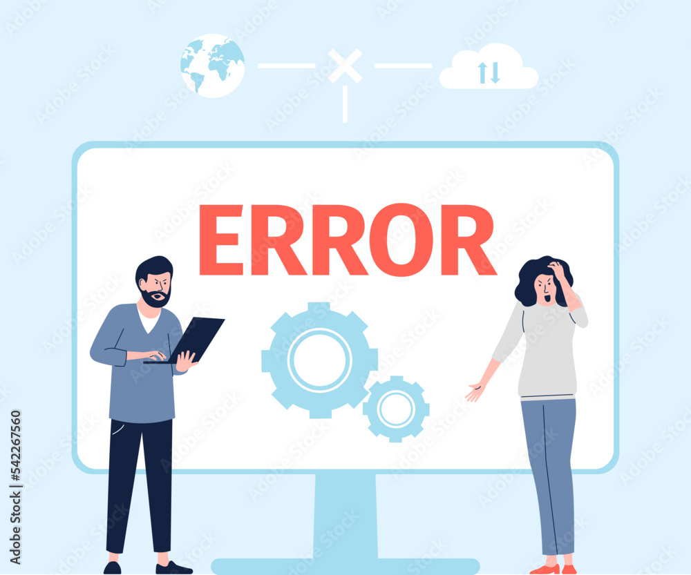 Computer software error message. Confusion people frustration near pc. 404 mistake, screen breakdown or operational failure. Internet trouble recent vector concept Computer software error message. Confusion people frustration near pc. 404 mistake, screen breakdown or operational failure. Internet trouble recent vector concept