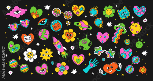 A set of bright children's stickers in the hippie style of the 60s, 70s. Psychedelic acid drawings. Girl patches