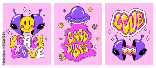 A set of bright retro postcards in the style of hippies and UFOs. Peace and love, good vibes! Girl stickers, patches