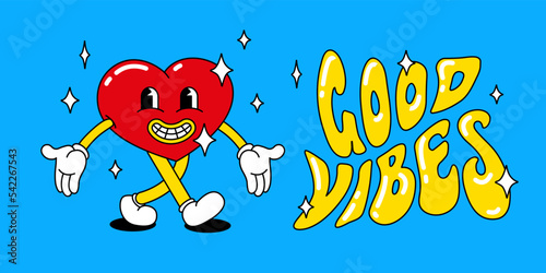 Cartoon character heart with arms and legs walks and smiles. Peace and love, good vibes! retro banner