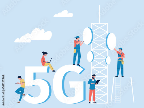 People using 5g internet connection. Wifi waves, secure web connect in public. Business network and service man connect antenna. Recent telecom vector scene