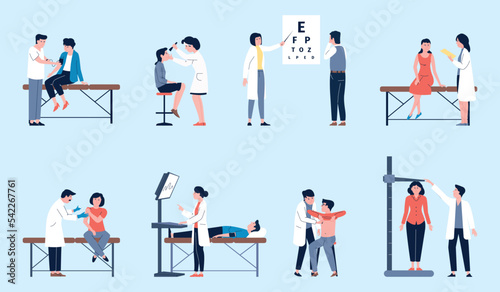 Medical check up  healthcare policy and research. Doctors and patients in hospital scenes. Treatment and sick prevention  recent vector concept