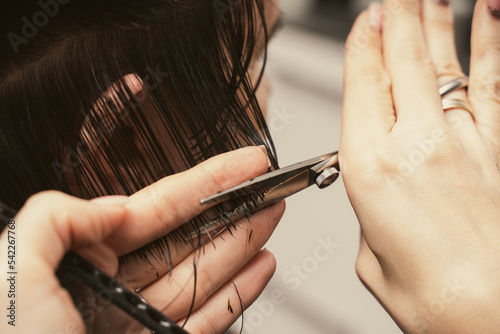 Hair care, beauty industry concept. Hairdresser doing haircut closeup of work. Hairstylist does cutting hair tips of a female customer in a beauty salon. Womens fashion and style
