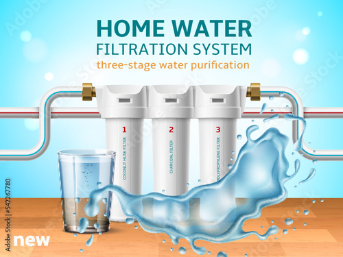 Realistic home water filtration system. 3d aqua clearing, several stages, cassettes with fillers, glass with splash, marketing promotional banner, 3d elements, utter vector concept