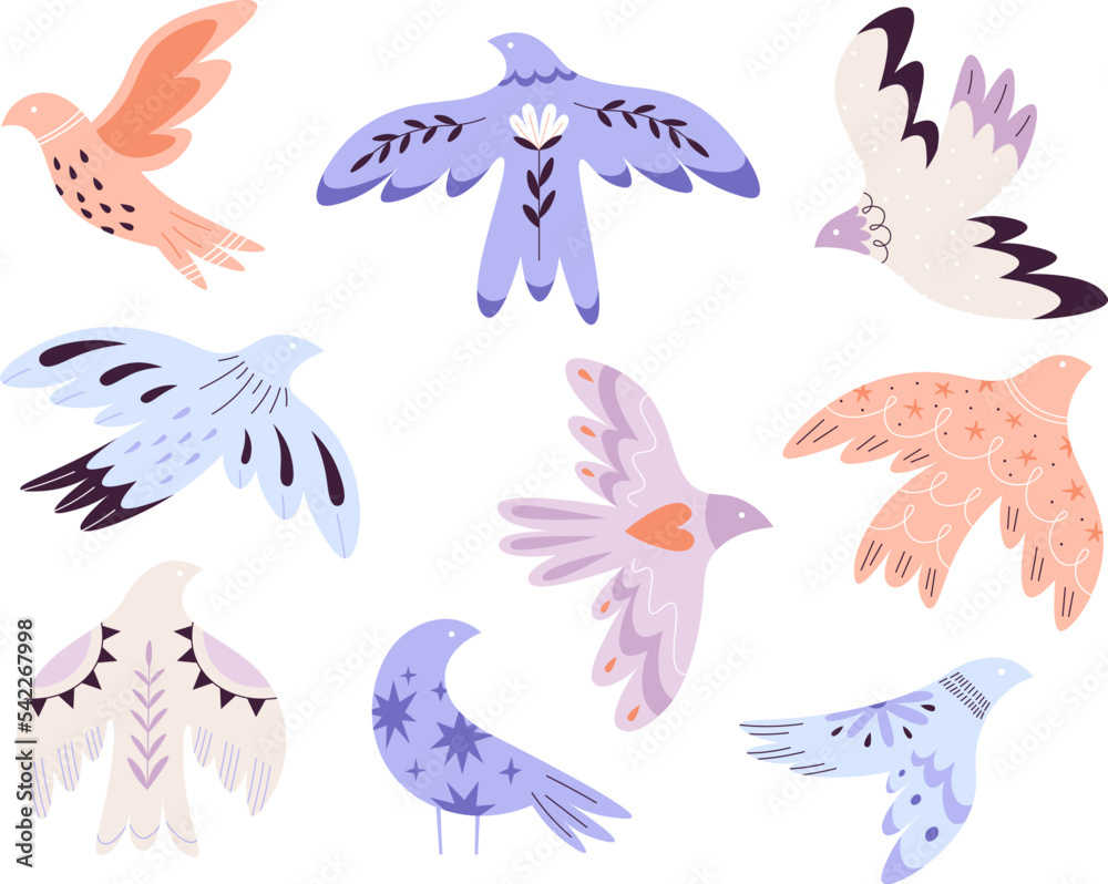 Decorative contemporary folk abstract birds. Birdy floral shapes, flying bird graphic silhouette. Peace dove, simple nature shapes. Racy scandinavian vector design Decorative contemporary folk abstract birds. Birdy floral shapes, flying bird graphic silhouette. Peace dove, simple nature shapes. Racy scandinavian vector design