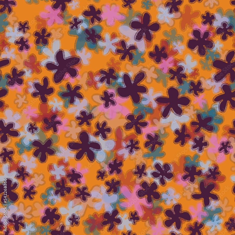 Trendy fabric pattern with hand drawn miniature colorful,lilac flowers on yellow background.Motif scattered random with layering effect.Template for fashion print,fashion textile,fabric,wrapping paper Trendy fabric pattern with hand drawn miniature colorful,lilac flowers on yellow background.Motif scattered random with layering effect.Template for fashion print,fashion textile,fabric,wrapping paper