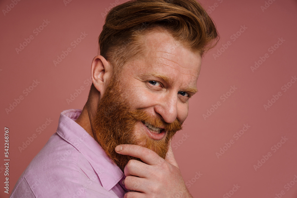 Fototapeta premium Adult handsome stylish redhead bearded smiling man touching his chin