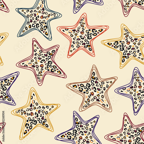 Stars multicolored one continuous line drawing, stylized leopard pattern inside stars. Trendy background with animal skin spots. Print for wallpaper, paper, fabric, birthday, holiday, beauty, fashion