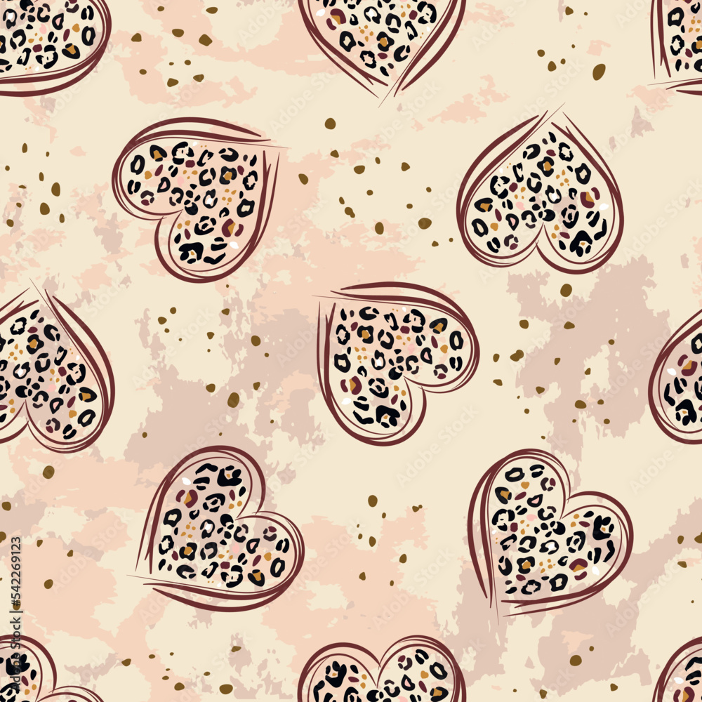 Seamless background. Line heart and stylized leopard pattern inside the heart. Beige animal skin texture. Concept Love, beauty, fashion. Line art and spots Seamless background. Line heart and stylized leopard pattern inside the heart. Beige animal skin texture. Concept Love, beauty, fashion. Line art and spots