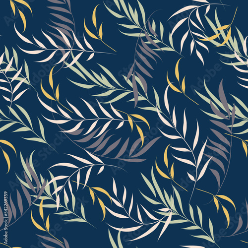 Tropical seamless pattern with colorful palm leaves on a blue background. Design for cloth, wallpaper, gift wrapping. Print for silk, calico and home textiles.