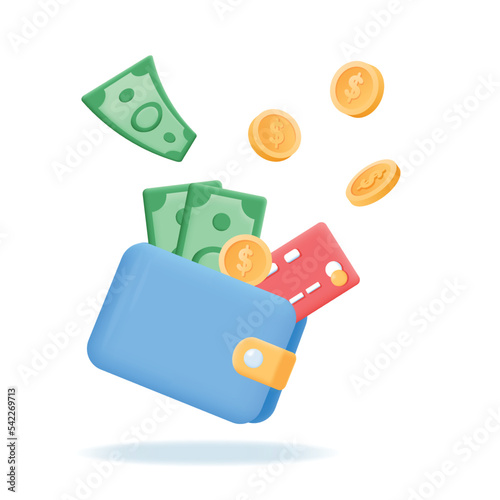 3d money wallet with credit cards, coins and banknotes. Money Saving, refund, keeping money concept. Business financial vector illustration isolated on white background.