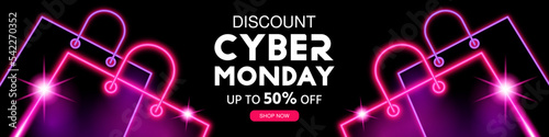 Cyber Monday sale with discount banner. Ad banner template. Modern background with abstract geometric shape of gift bags. Neon gift bags. Sale up to 50%.  Neon style. Banner, vector illustration