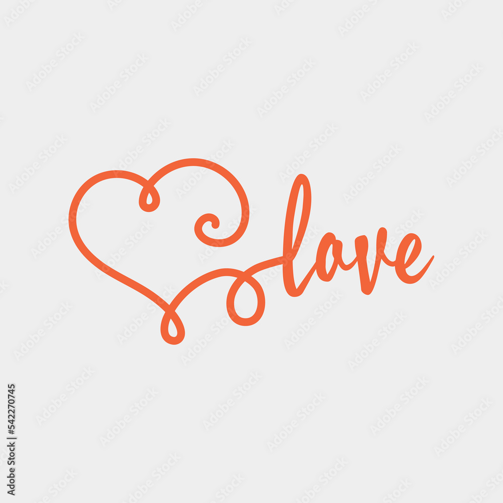 Red calligraphic heart with swirls and the inscription Love. Lettering Love. One line. vector eps10