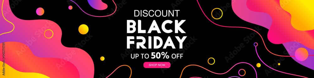 Obraz premium Discount. Black friday sale banner template. Abstract trendy background gradient fluid with lines of geometric shapes and circles of dynamic shapes. Sale up to 50% off. Banner vector illustration.