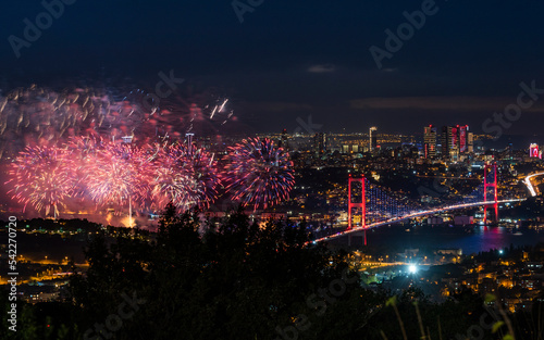 Fireworks over Istanbul Bosphorus during Turkish Republic Day celebrations. Fireworks with 15th July Martyrs Bridge  Bosphorus Bridge . Istanbul  Turkey.