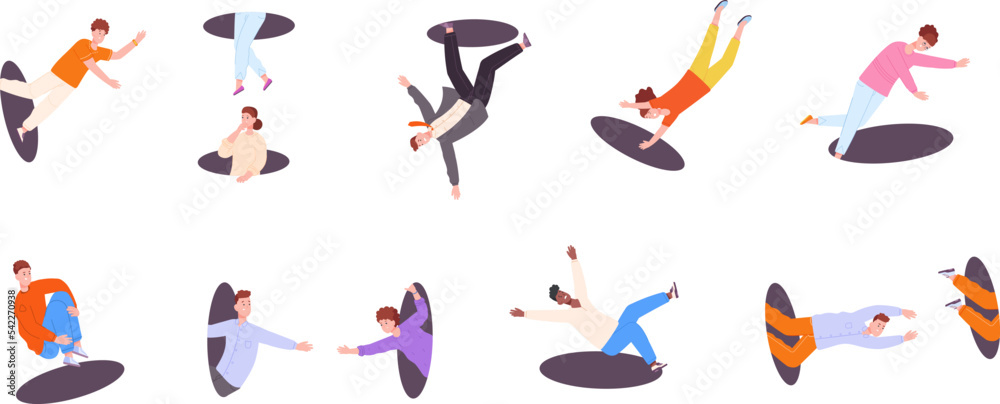 People coming holes. Enthusiastic man and woman jump or looks in hole, fall person over floor man hole, enthusiast come inside unbelievable teleport coming out, vector illustration