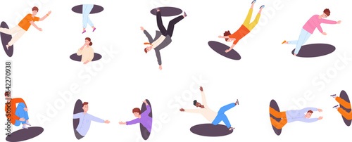 People coming holes. Enthusiastic man and woman jump or looks in hole  fall person over floor man hole  enthusiast come inside unbelievable teleport coming out  vector illustration