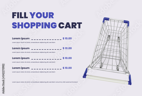 Product list cart. Realistic supermarket trolley top view, online shop mobile app or computer, shopping cart-up add grocery rate capacity stock basket internet store, vector mockup