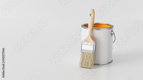 Fototapeta Naklejka Na Ścianę i Meble -  Paint Can with orange paint and Paintbrush on white background - Renovation concept - 3d rendering