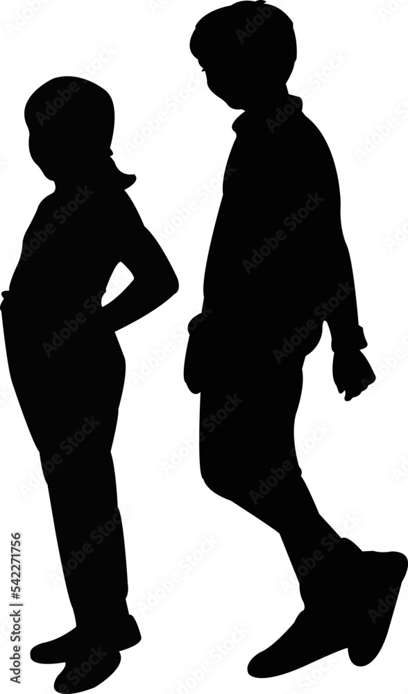 a boy and a girl walking, silhouette vector