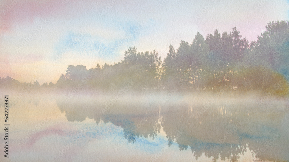 Fog in the early morning. Dawn by the river.