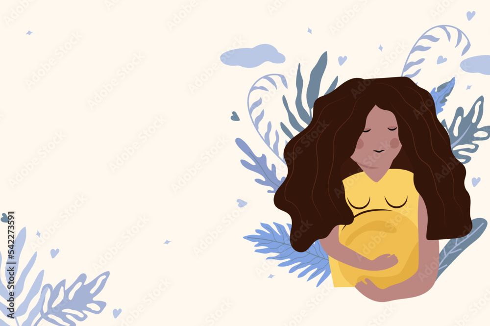 Happy pregnant woman holds her belly with nature background. A woman waiting for the birth of a child. Female character in flat style. Concept motherhood, pregnant. Vector illustration. Happy pregnant woman holds her belly with nature background. A woman waiting for the birth of a child. Female character in flat style. Concept motherhood, pregnant. Vector illustration.