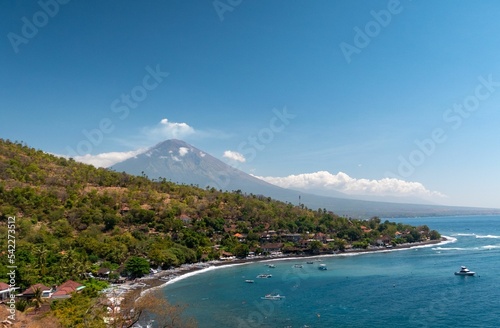 Aerial view of Bali with forested mountains at daylight, Indonesia