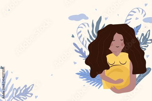 Happy pregnant woman holds her belly with nature background. A woman waiting for the birth of a child. Female character in flat style. Concept motherhood, pregnant. Vector illustration.