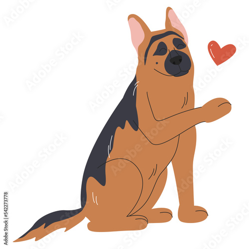German sheepdog sitting and sending air kiss with heart shape. Sheepdog giving paw. Dog silhouette colored design. Brown and black domestic animal hand drawn flat vector illustration isolated on white