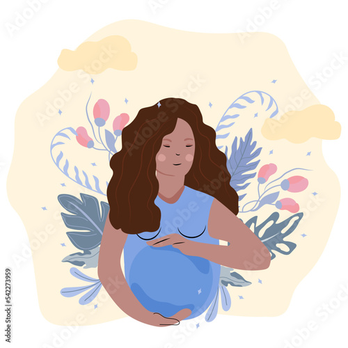 Happy pregnant Woman with long hair holds her belly with nature background. Concept motherhood, health and pregnant. Flat vector illustration on pastel colors.