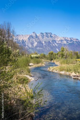 Fluss in malerischer Berglandschaft in der Schweiz im Sommer