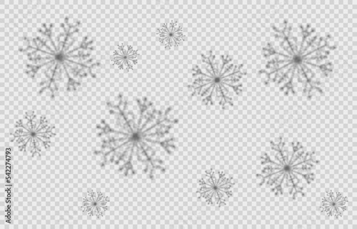 Snowflakes shadow overlay effect on transparent background for Christmas or New Year. Mockup of transparent shadow overlay effect, natural lightning. Stock vector illustration.