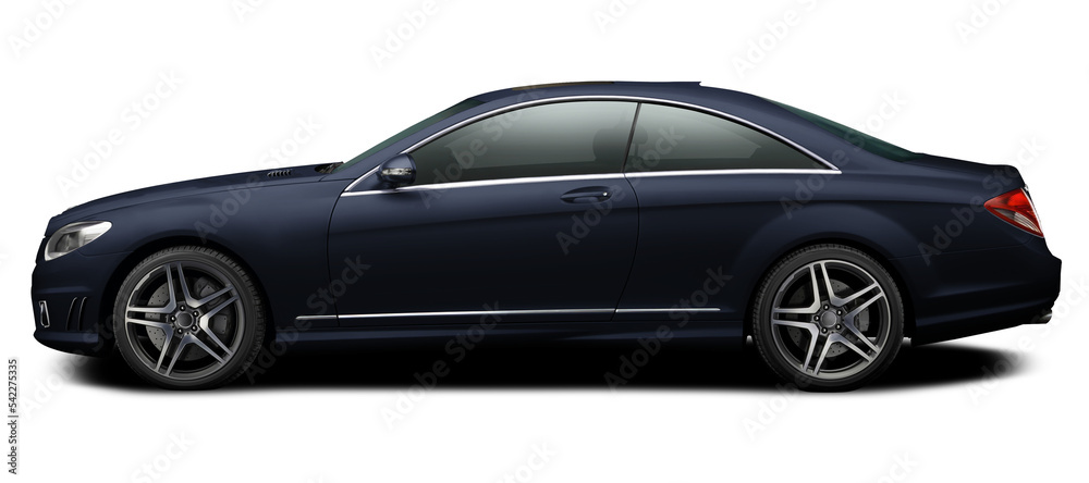 Modern black-blue car coupe side view isolated on white background.
