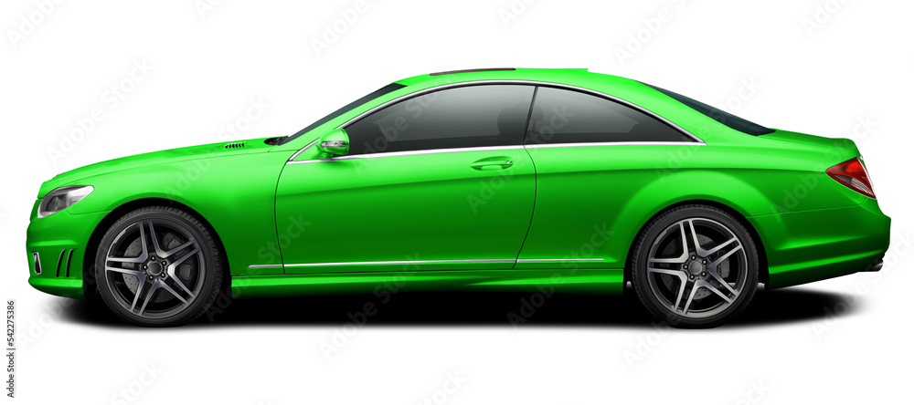 Modern green car coupe side view isolated on white background.