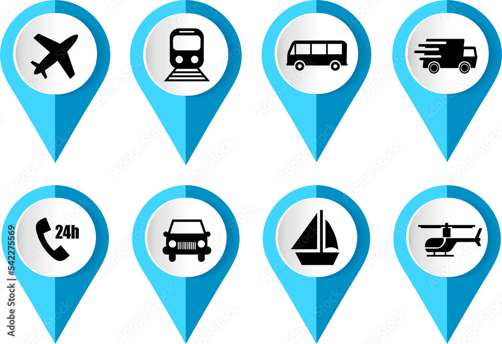 Transportation vector icon set, flat design pointers, infographic template. Transportation vector icon set, flat design pointers, infographic template.