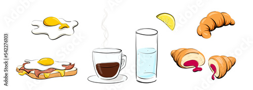 Cartoon breakfast set. Fried egg, toast with cheese, bacon and egg, hot coffee cup, water glass with lemon slice, croissants with jam. Hand drawing sketch, doodle. Isolated.