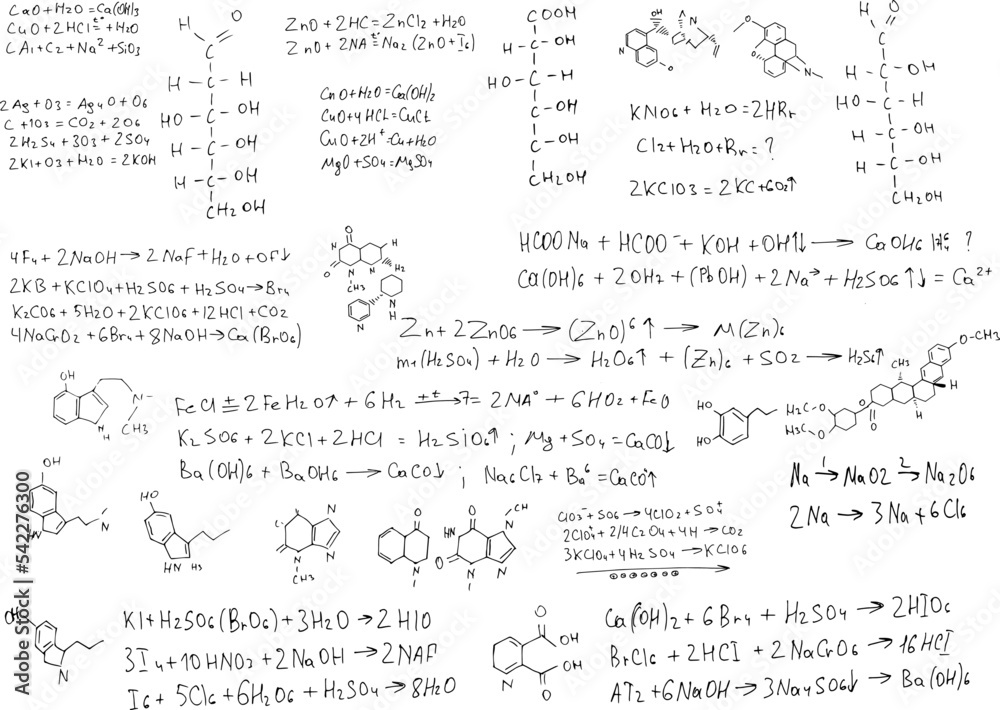 chemical formulas and elements.scientific background on white. hand-drawn. chemical formulas and elements.scientific background on white. hand-drawn.