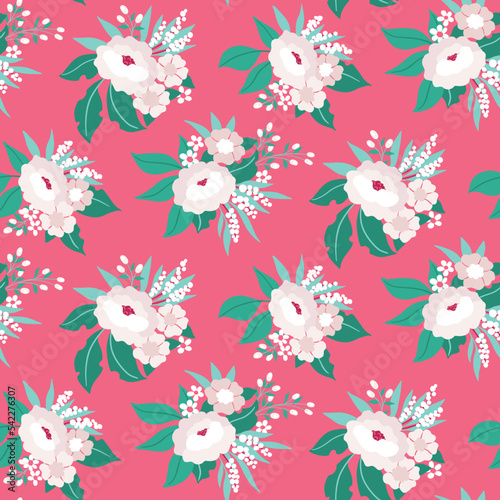 Seamless floral pattern, pretty flower print with decorative art bouquets on a pink background. Cute ditsy print with flowers blossom, small flowers, leaves in modern folk style. Vector illustration.