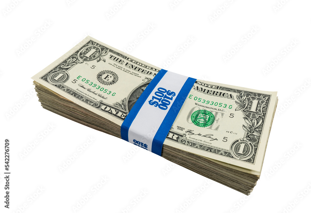 Pack of one dollar bills wrapped with $100 paper currency strap isolated. Pack of one dollar bills wrapped with $100 paper currency strap isolated.