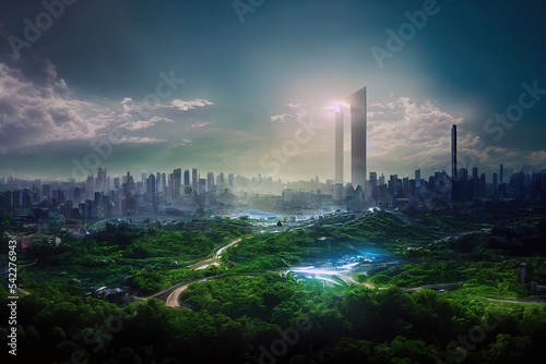 Eco-futuristic cityscape ESG concept full with greenery, skyscrapers, parks, and other manmade green spaces in urban area. Green garden in modern city. Digital art 3D illustration.