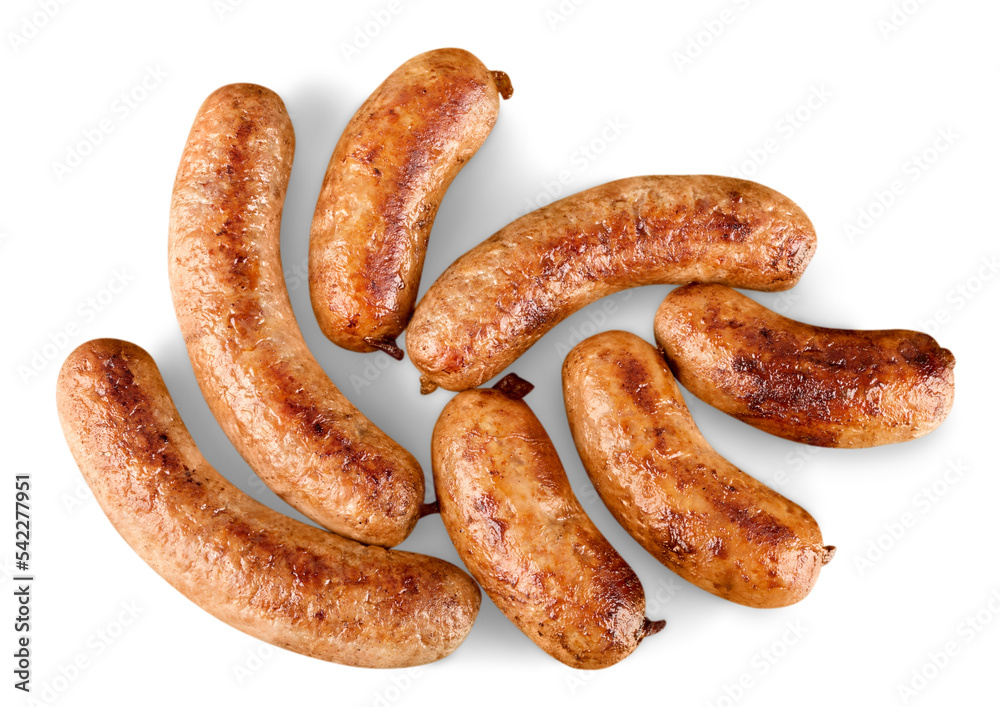 Tasty roasted sausages isolated on white background Tasty roasted sausages isolated on white background
