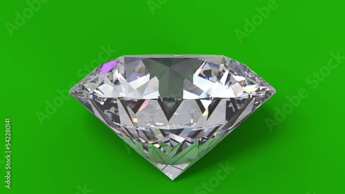 Beautiful large crystal clear brilliant round cut diamond rotating on a green isolated background. Close up side view. 3D animation. Rotating heart-shaped diamond on green background. Key color